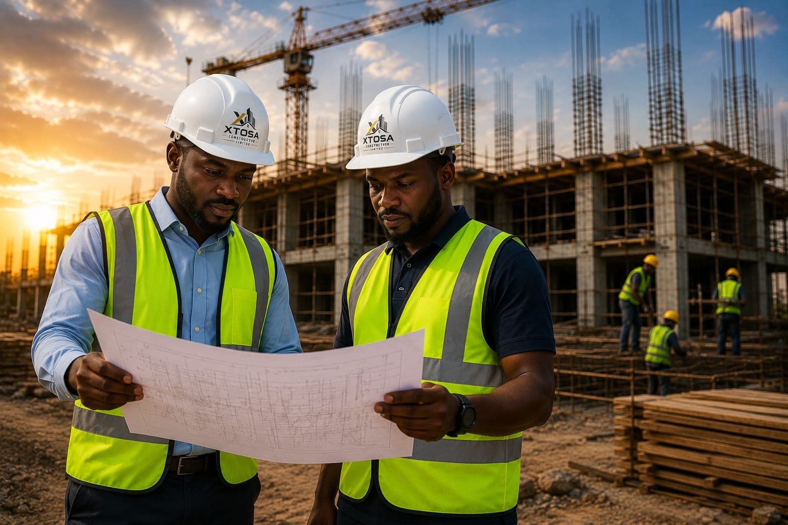 XTOSA Construction team reviewing blueprints on site
